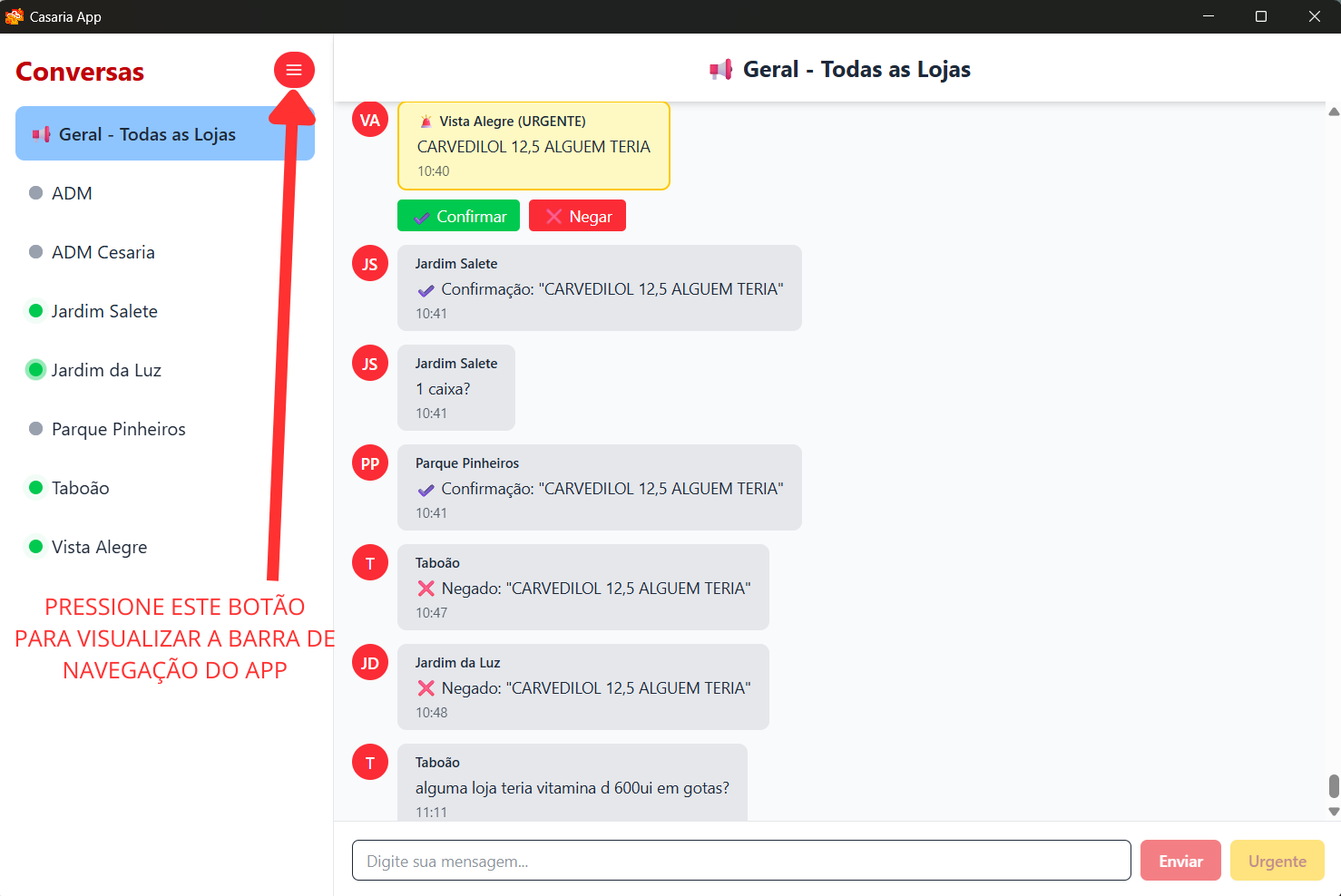 Menu de navegação do Cesária App