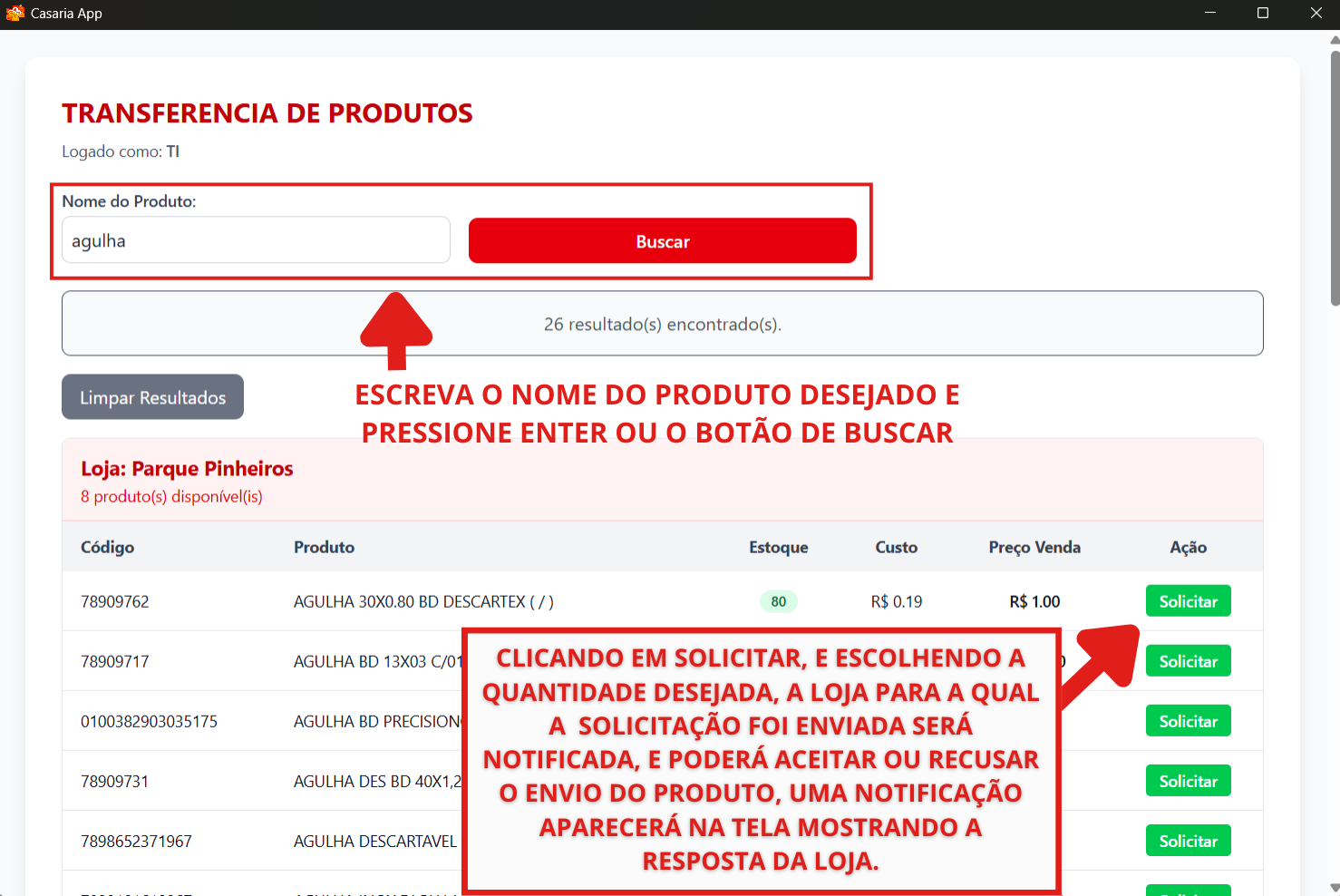 Busca de produtos para transferência